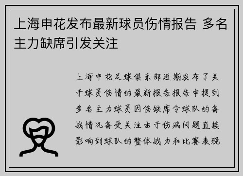 上海申花发布最新球员伤情报告 多名主力缺席引发关注 上海申花发布最新球员伤情报告 多名主力缺席引发关注